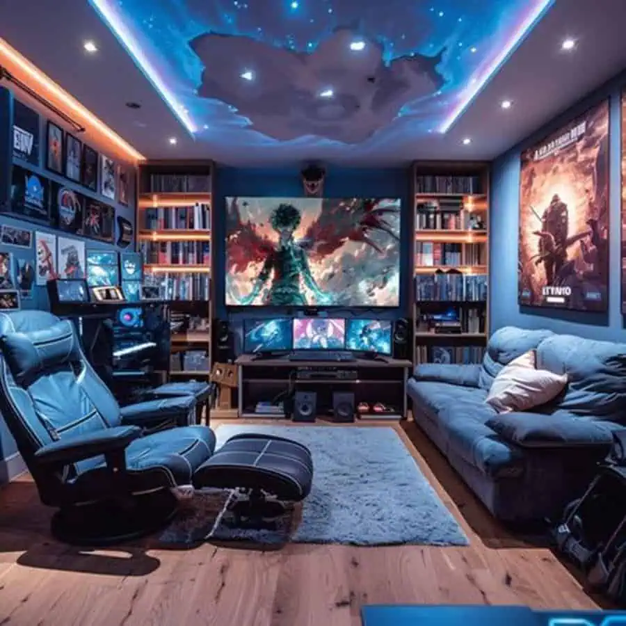 Gaming-themed den with futuristic ceiling lights, multiple screens, cozy seating, and wall art.