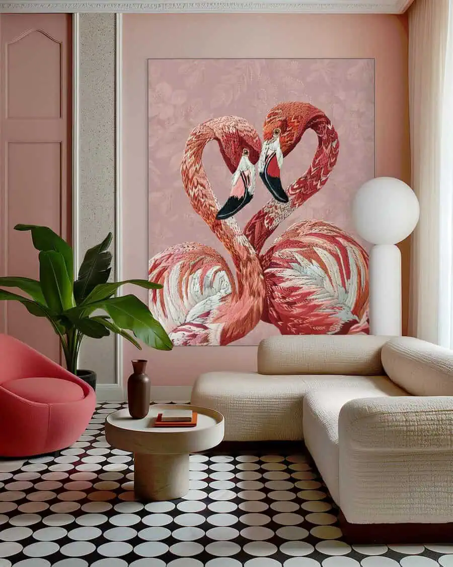 Eclectic living room with flamingo artwork, modern furniture, and patterned black-and-white flooring.