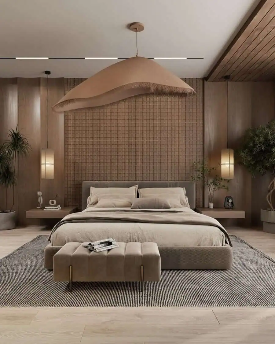 Modern bedroom with neutral tones, wooden accents, a tufted bench, and ambient lighting.