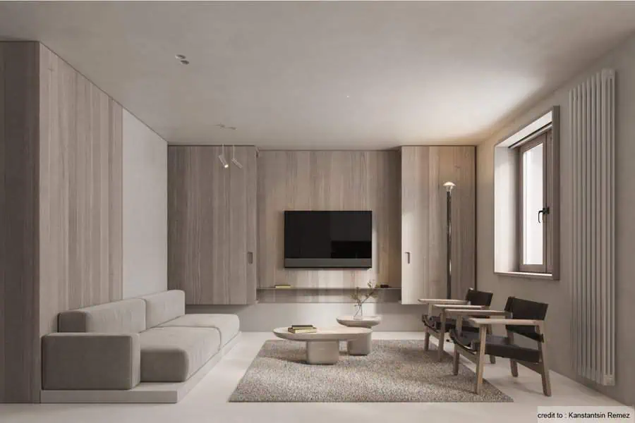 Modern living room with wooden panel walls, neutral furniture, and a minimalist TV setup.