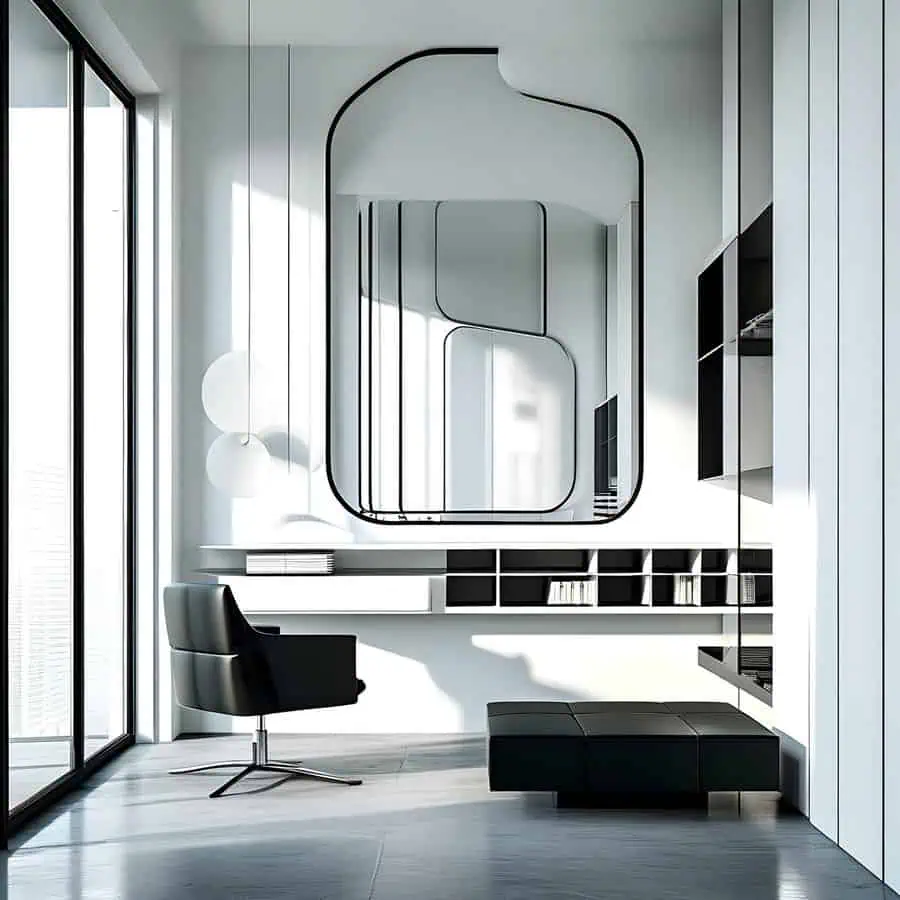 Minimalist office space with a black chair, geometric mirror, and modern shelving.