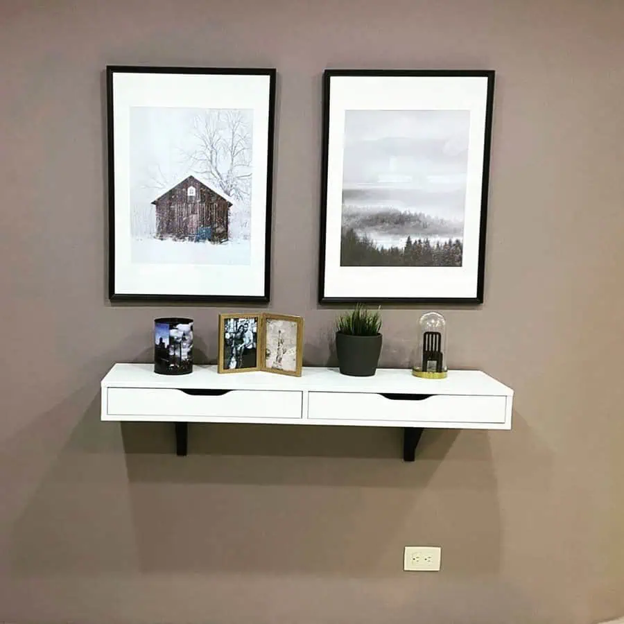 Wall-mounted white shelf with framed art, small decor items, and potted plant accents.