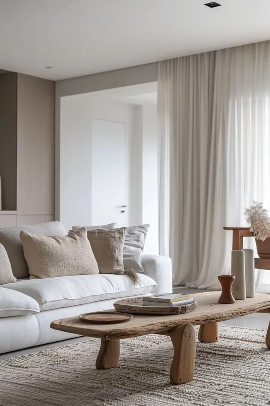 Cozy living room with a white sofa, neutral cushions, a rustic wooden coffee table, and soft curtains.