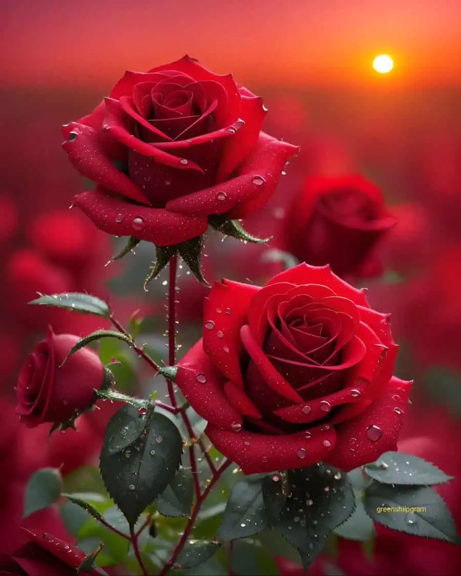 Red roses with dew drops, symbolizing love and beauty, against a glowing sunset background.