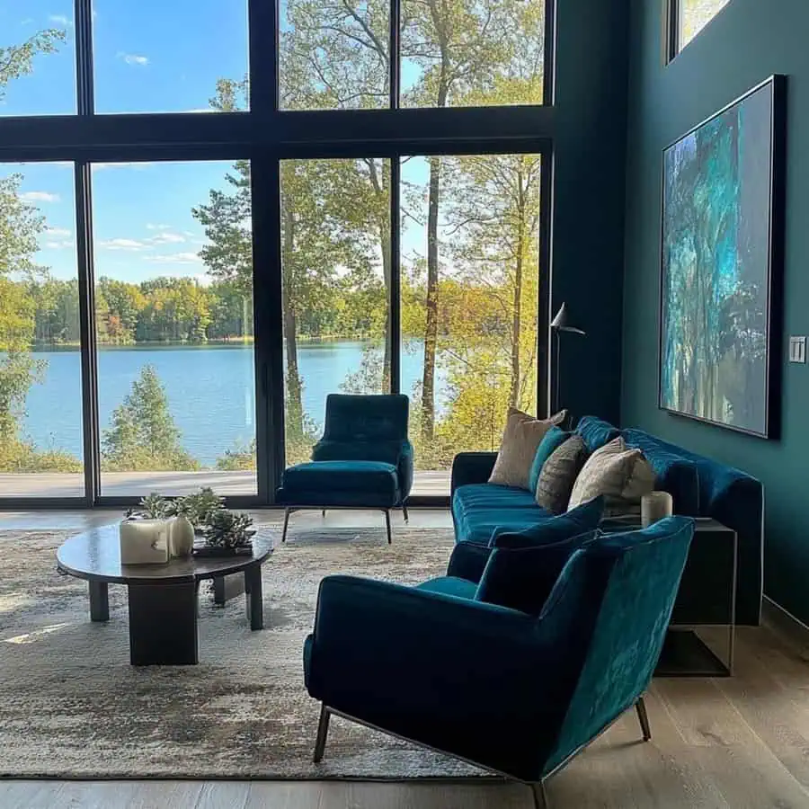 Modern living room with teal and navy blue velvet furniture, large windows, and a serene lake view.