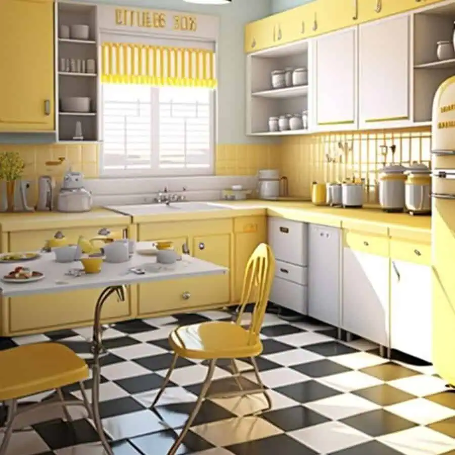 1950s kitchen with pastel yellow cabinets, checkered floor, vintage fridge, and retro decor.