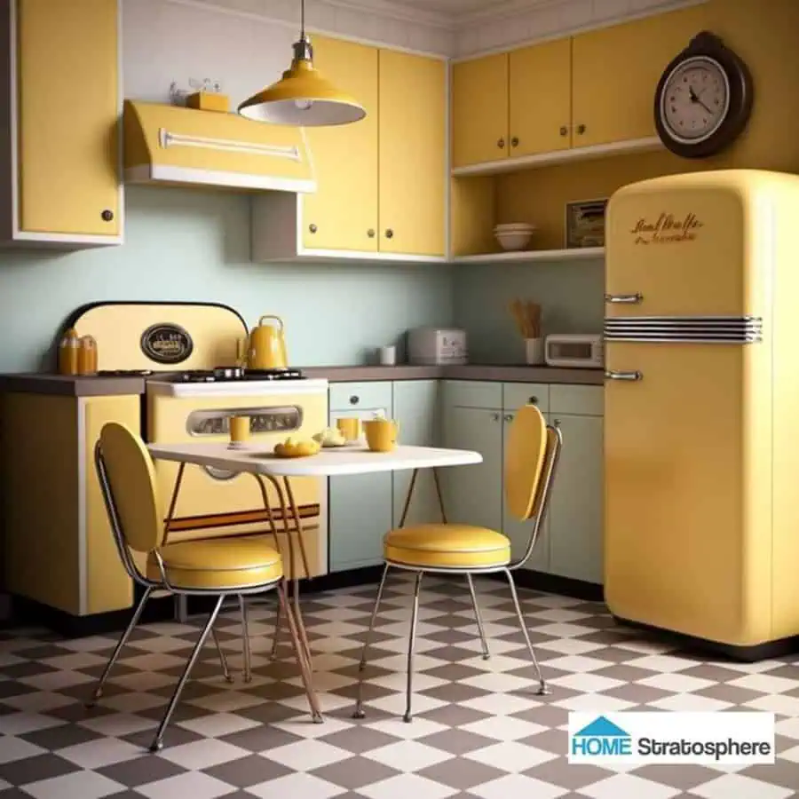 1950s kitchen with yellow appliances, pastel cabinets, checkered floor, and retro wall clock.