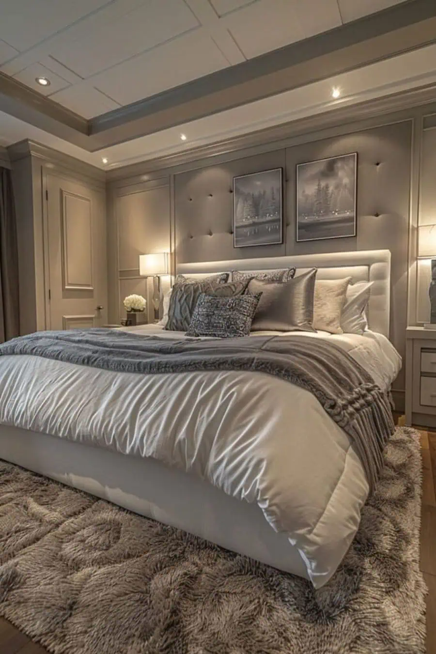 Luxurious bedroom with tufted headboard, soft lighting, and cozy neutral-toned bedding.