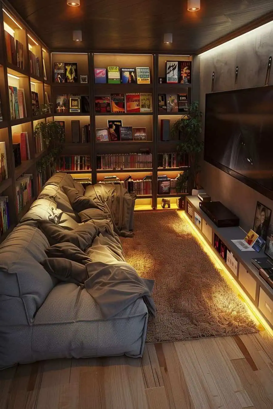 Small space with bookshelves, cozy sofa, warm lighting, and den decorations.