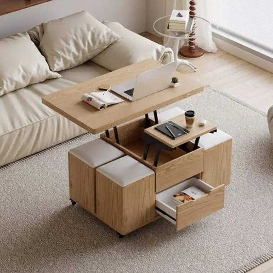 Space-saving furniture den with multifunctional coffee table, storage drawers, and cozy seating.