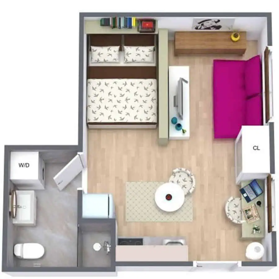 Studio apartment layout with bed, pink sofa, dining area, kitchen, and compact bathroom.