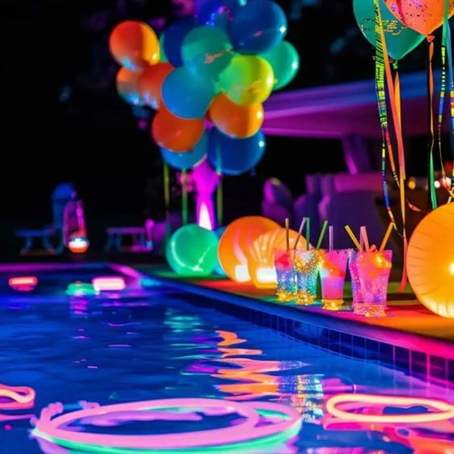 Glow-themed poolside birthday party with neon lights, colorful balloons, and drinks at night.