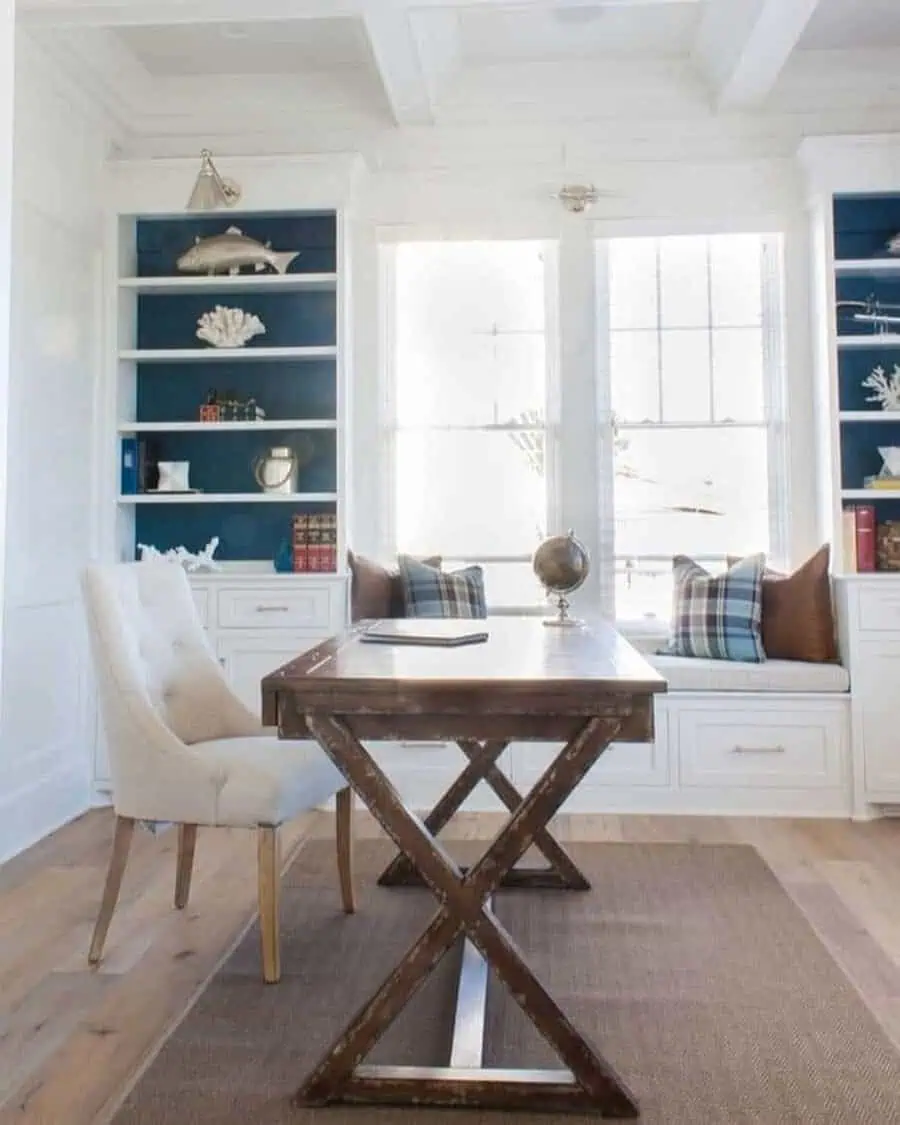 Teal bookshelves bring depth to this bright, elegant space.