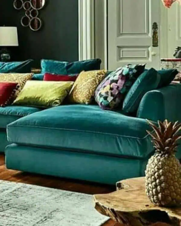 Teal velvet sofa with colorful throw pillows, wooden side tables, and a luxurious living room design.