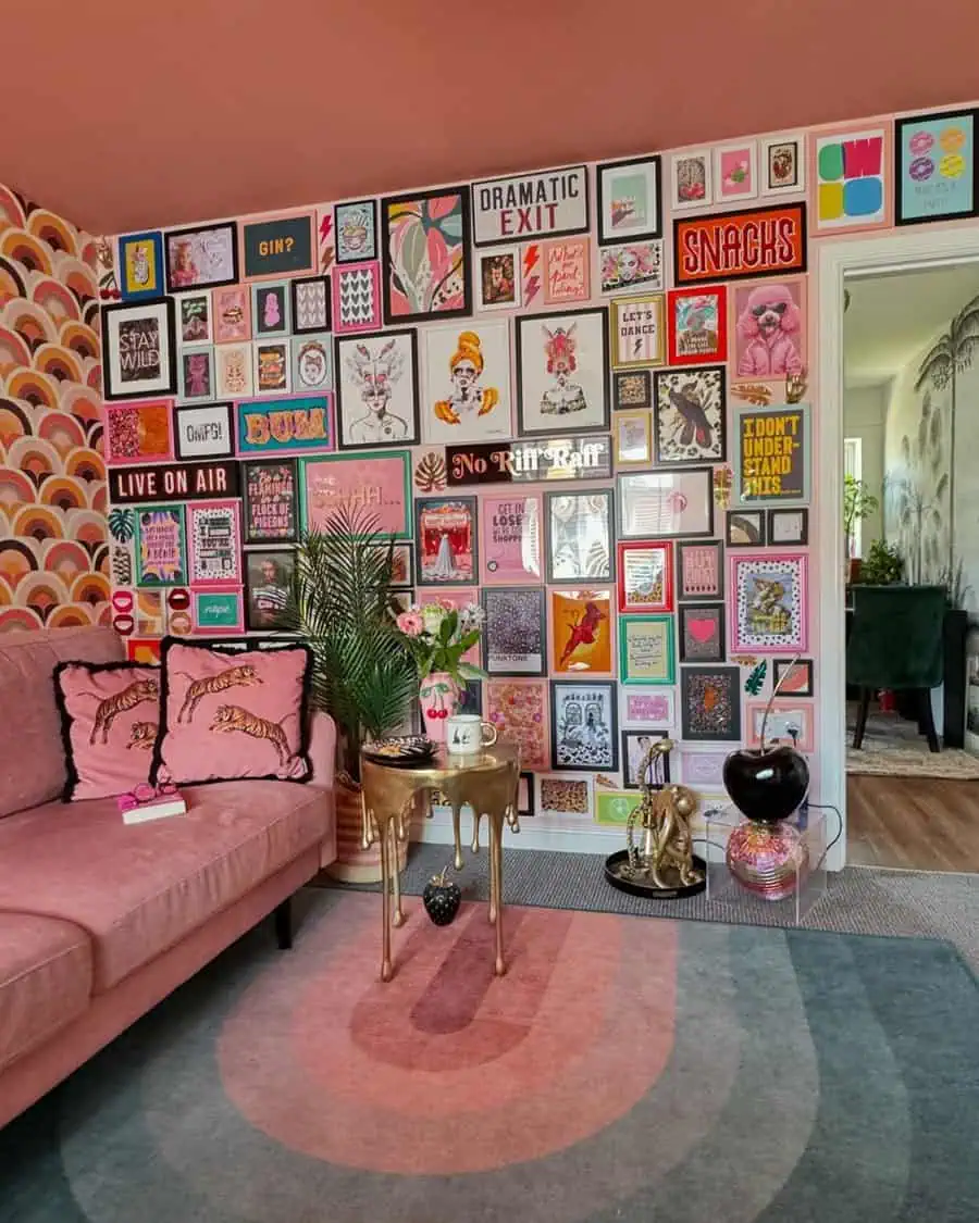 Eclectic living room with pink sofa, colorful gallery wall, vintage accents, and bold patterns.