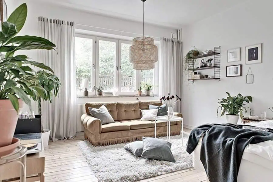 Bright studio with vintage sofa, large windows, indoor plants, and cozy Scandinavian decor.