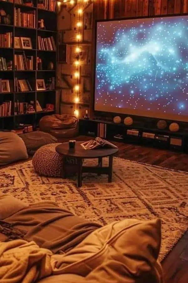 Cozy home theater with bean bags, warm string lights, bookshelf, and a large projection screen.