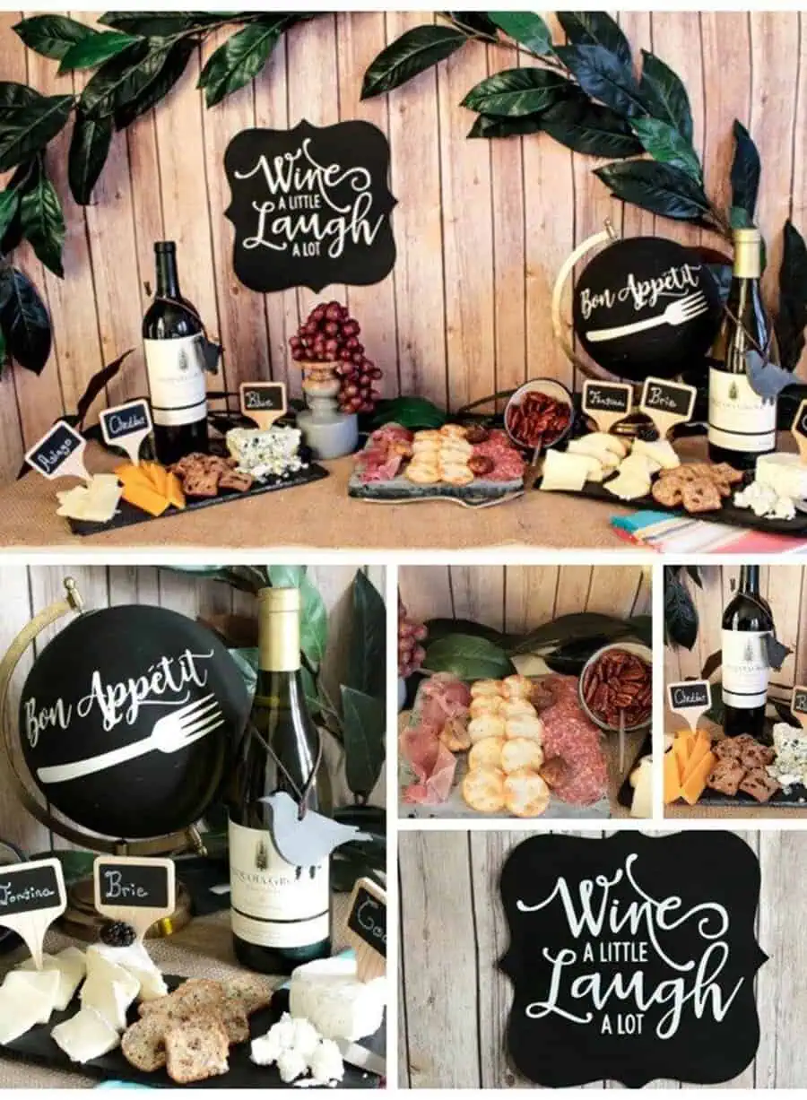 Wine and cheese birthday party setup with elegant decor and assorted charcuterie.