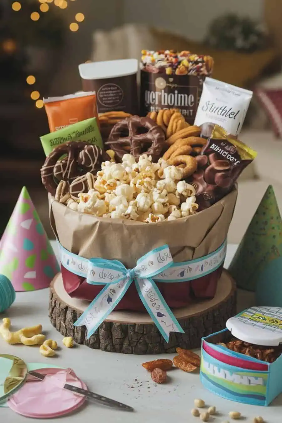 Snack-filled gift basket with popcorn, chocolate, and treats, perfect for a 20th birthday.