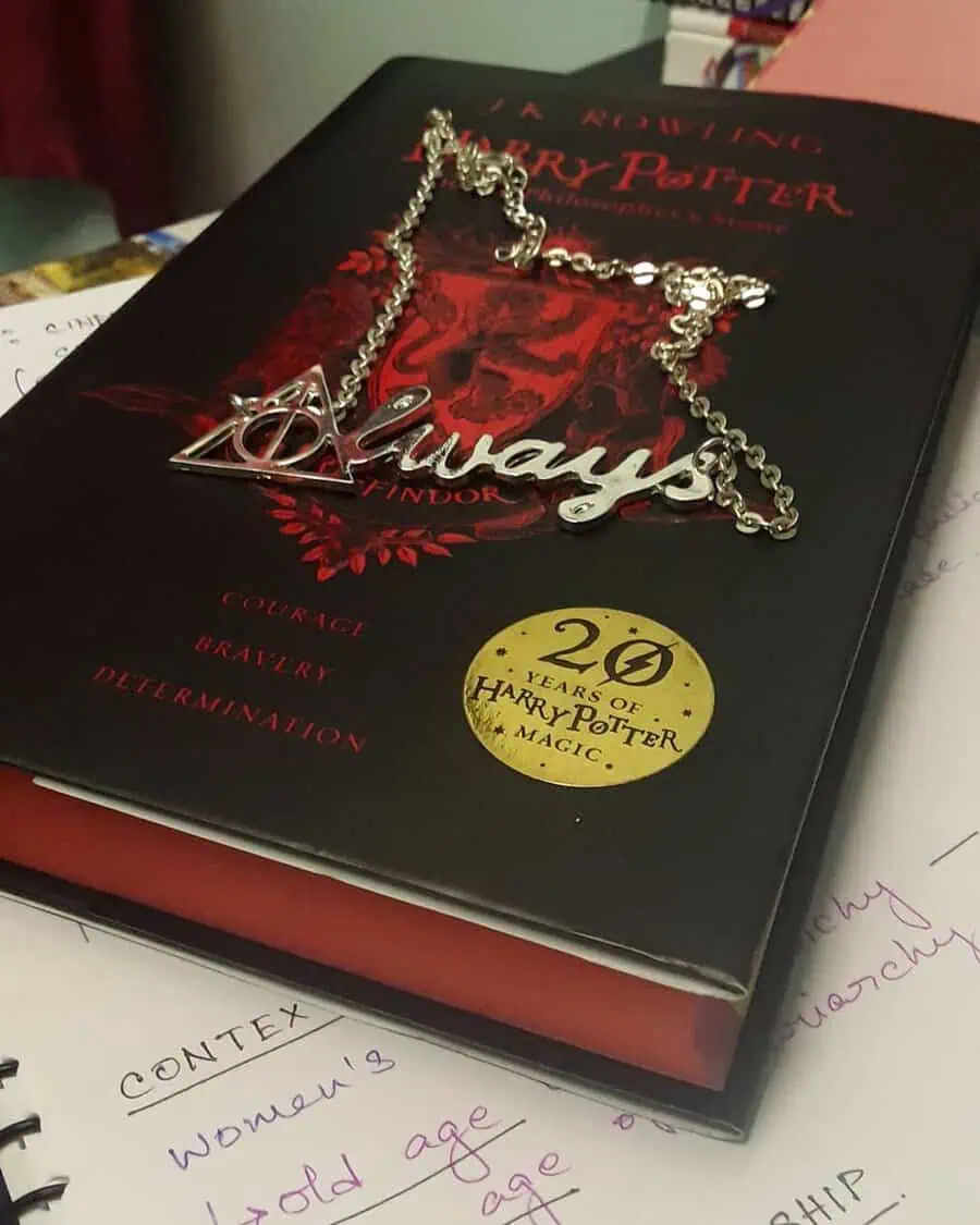 Harry Potter 20th anniversary book with "Always" necklace as a unique 20th birthday gift.