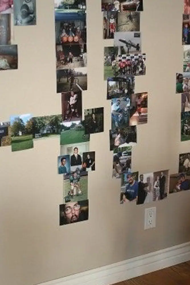 Photo collage shaped as "40" on a wall for a personalized 40th birthday decoration.