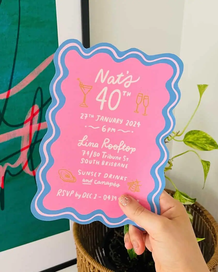 Vibrant and playful 40th birthday invitation with pink and blue waves, perfect for rooftop celebrations.