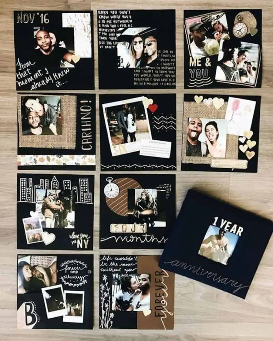 Handmade scrapbook with photos and decorations celebrating a one-year anniversary.