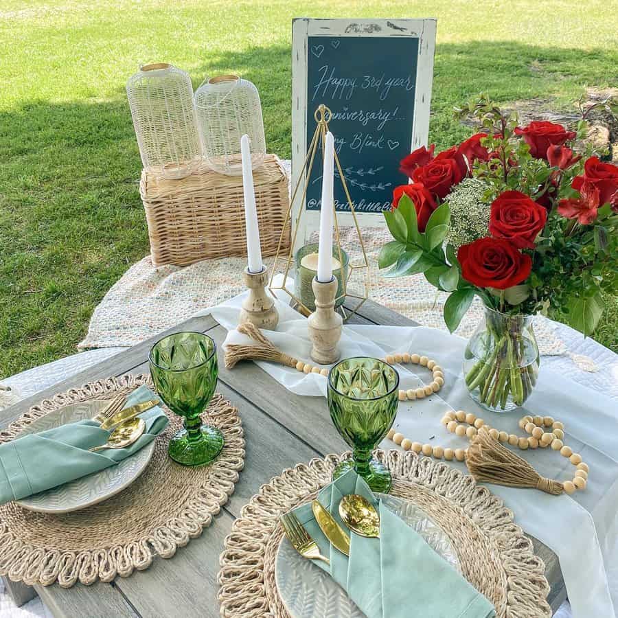 Romantic outdoor anniversary table setup with roses, candles, and a personalized chalkboard sign.