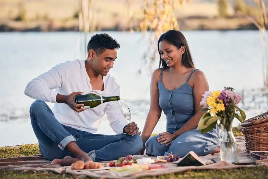 Romantic lakeside anniversary picnic setup for couples with wine, fruits, and flowers.