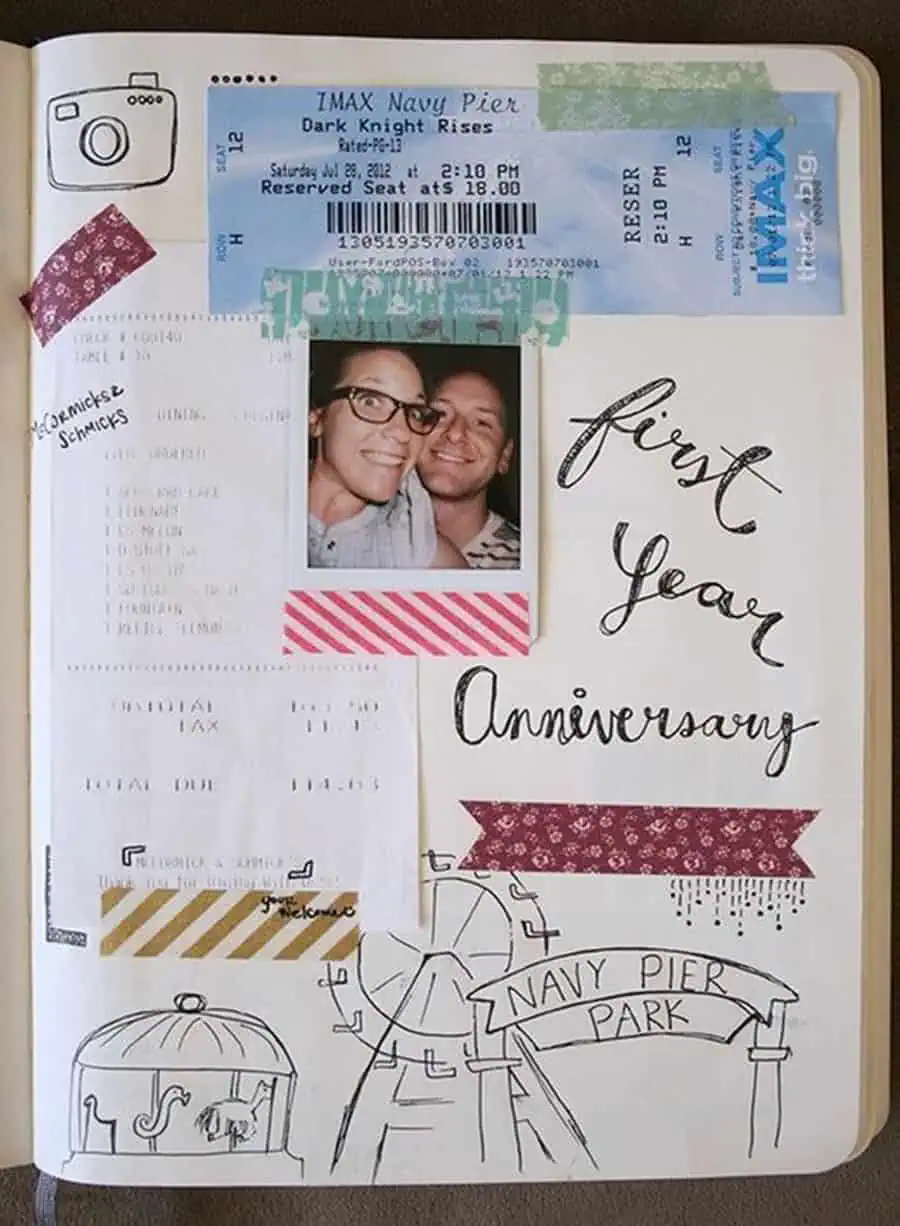 First-year anniversary scrapbook page featuring a couple's photo, ticket stubs, receipts, and hand-drawn illustrations.