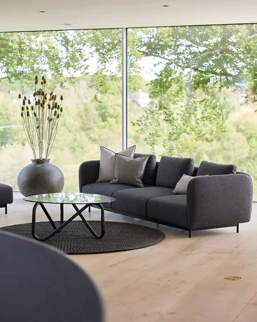 Dark grey sofa with neutral cushions, black glass coffee table, and large floor-to-ceiling windows.