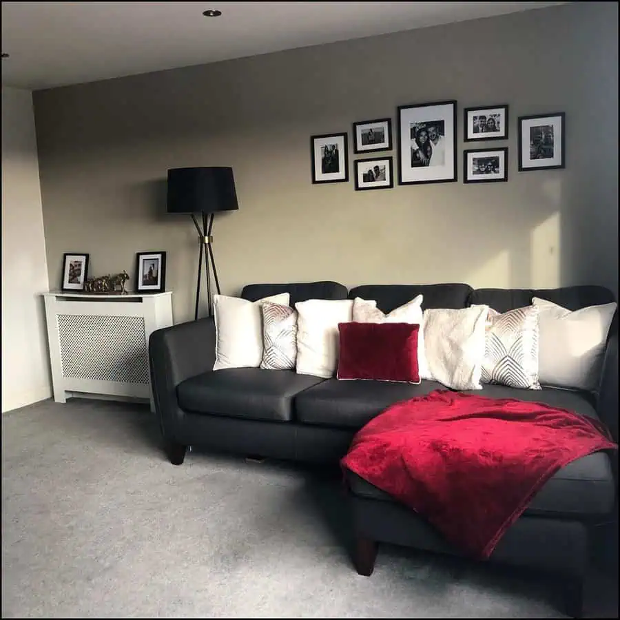 Dark grey sofa with white and red cushions, red throw blanket, gallery wall, and floor lamp.