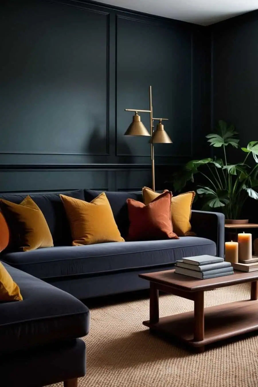 Dark grey sofa with mustard and orange cushions, gold floor lamp, and dark green accent wall.