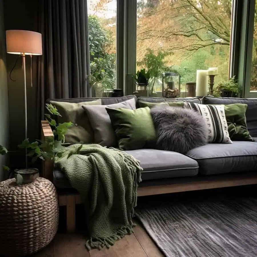 Dark grey sofa with green cushions, knit throw, and natural decor overlooking a scenic outdoor view.