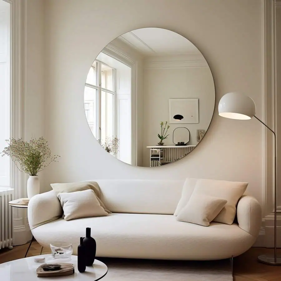 Bright living room with round feng shui mirror, curved sofa, and minimalist decor.