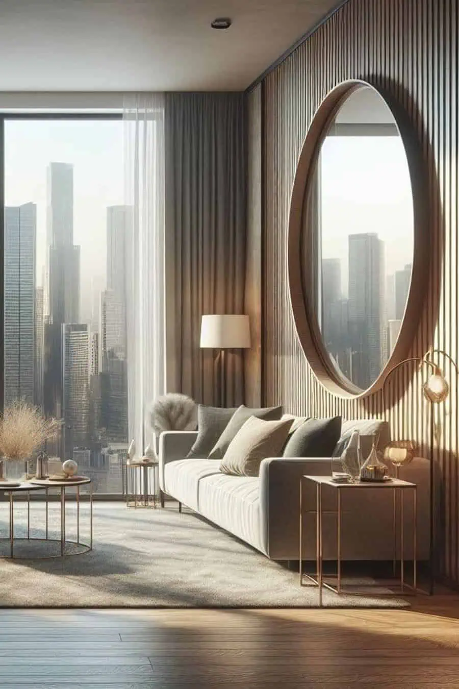 Modern living room with large oval feng shui mirror, neutral tones, and city skyline view.