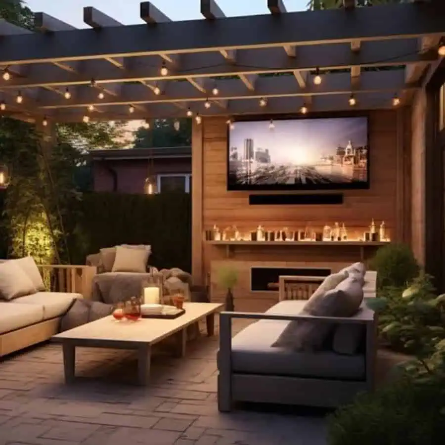 Cozy outdoor home theater setup with a pergola, string lights, and comfortable seating for a magical movie night under the stars.