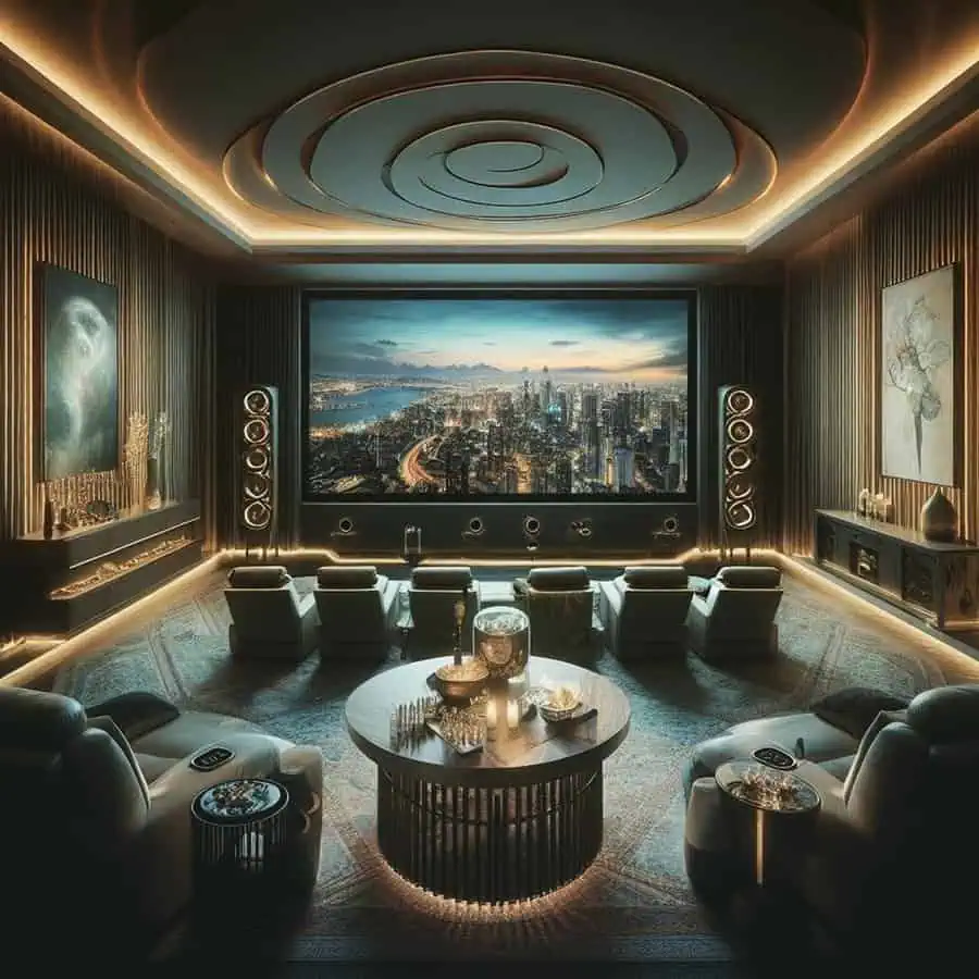 Luxury home theater with sleek lighting and plush seating for ultimate immersion.