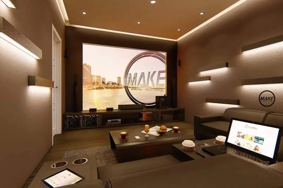 Compact and modern home theater with sleek lighting, cozy seating, and a multipurpose setup.