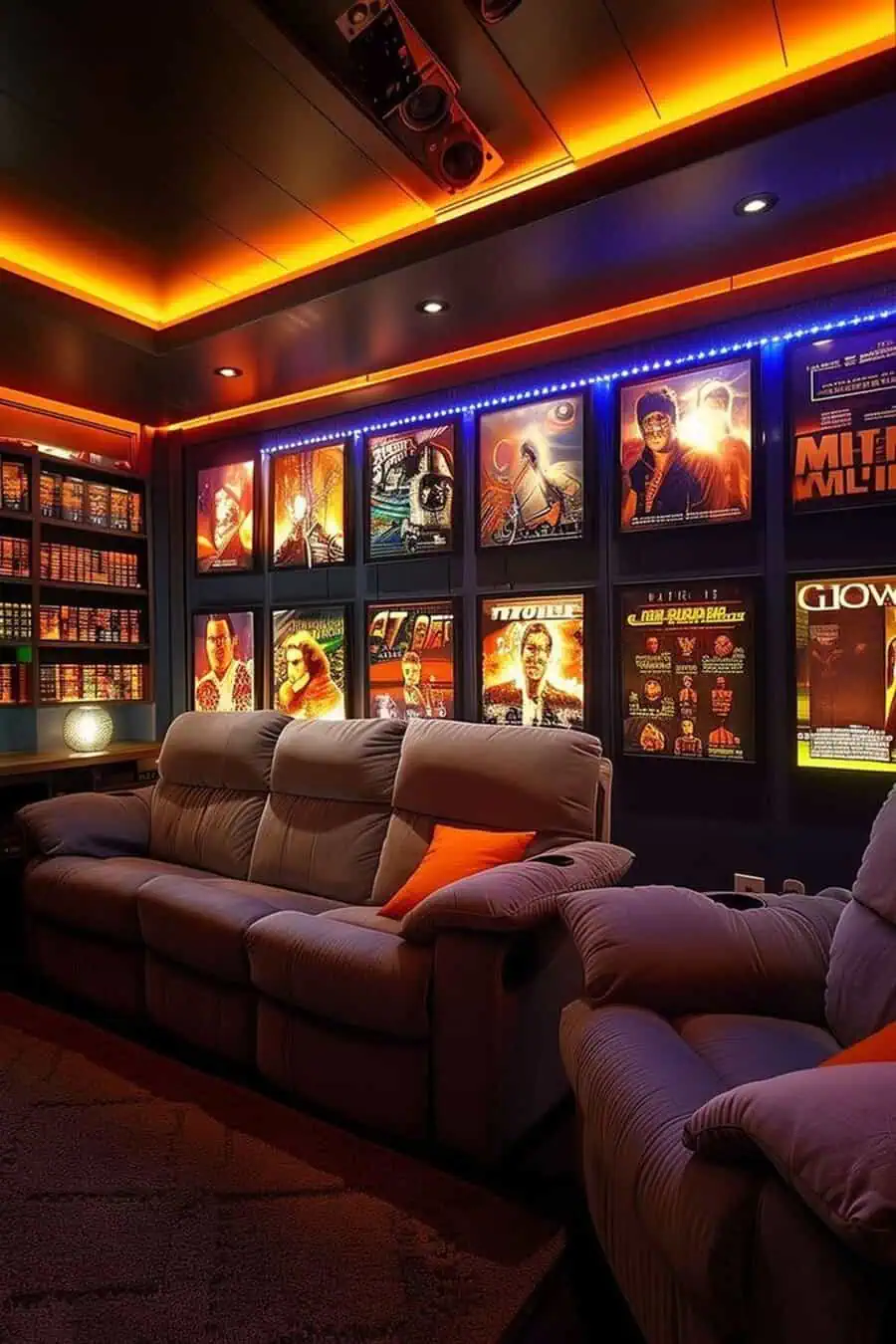 Vibrant home theater with glowing movie posters, cozy seating, and accent lighting for a cinematic ambiance.