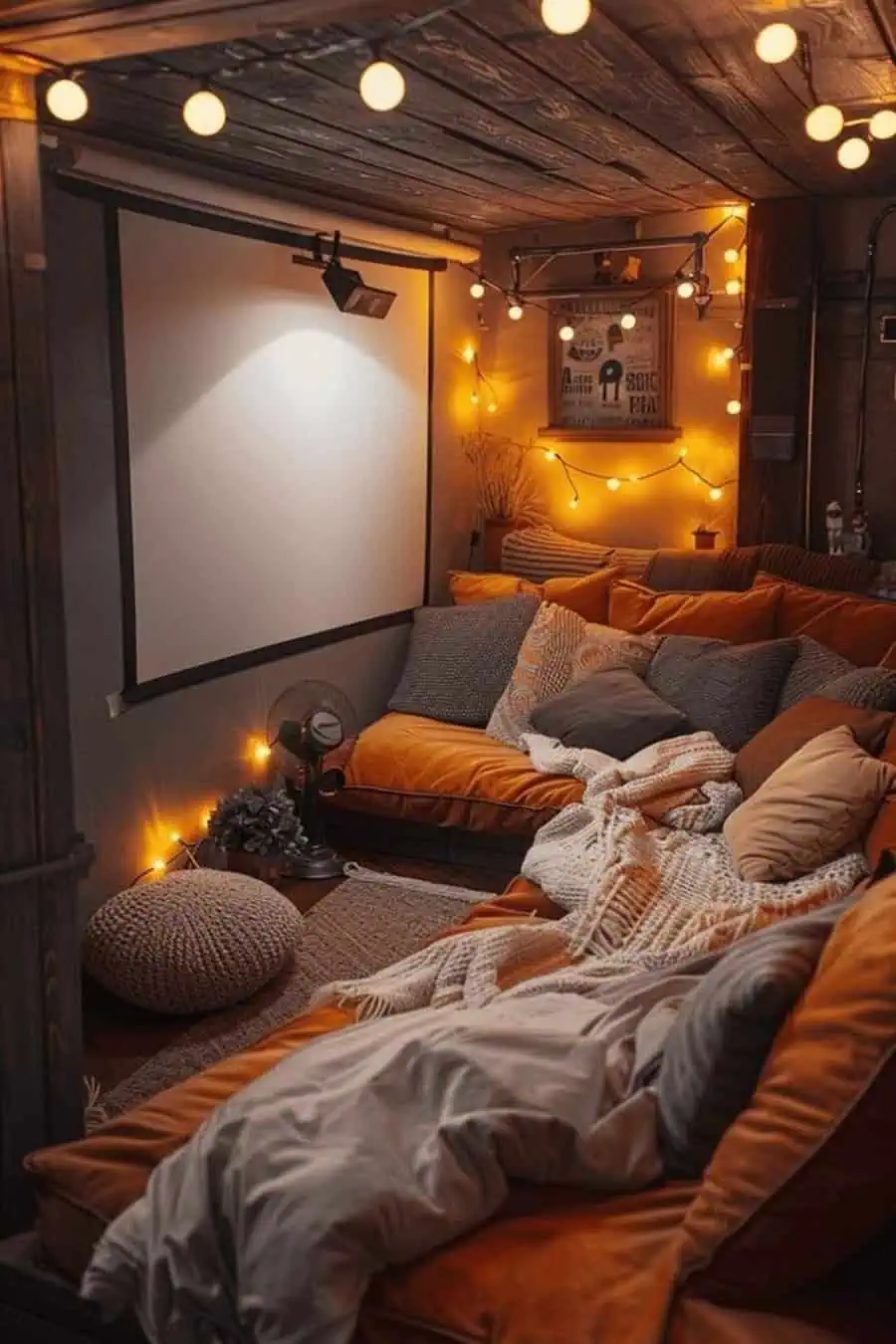 Cozy home theater with string lights, warm-toned cushions, and a compact screen for an intimate movie experience.