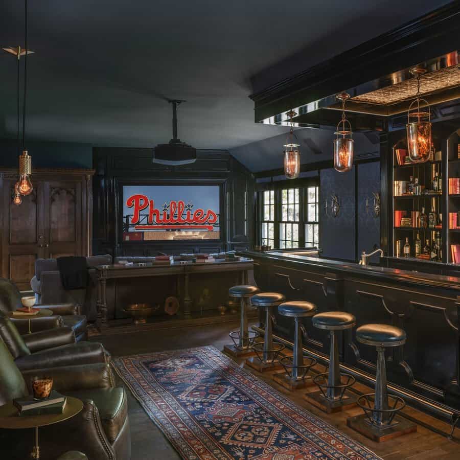 Vintage-inspired home theater with a stylish bar, cozy seating, and classic décor elements.