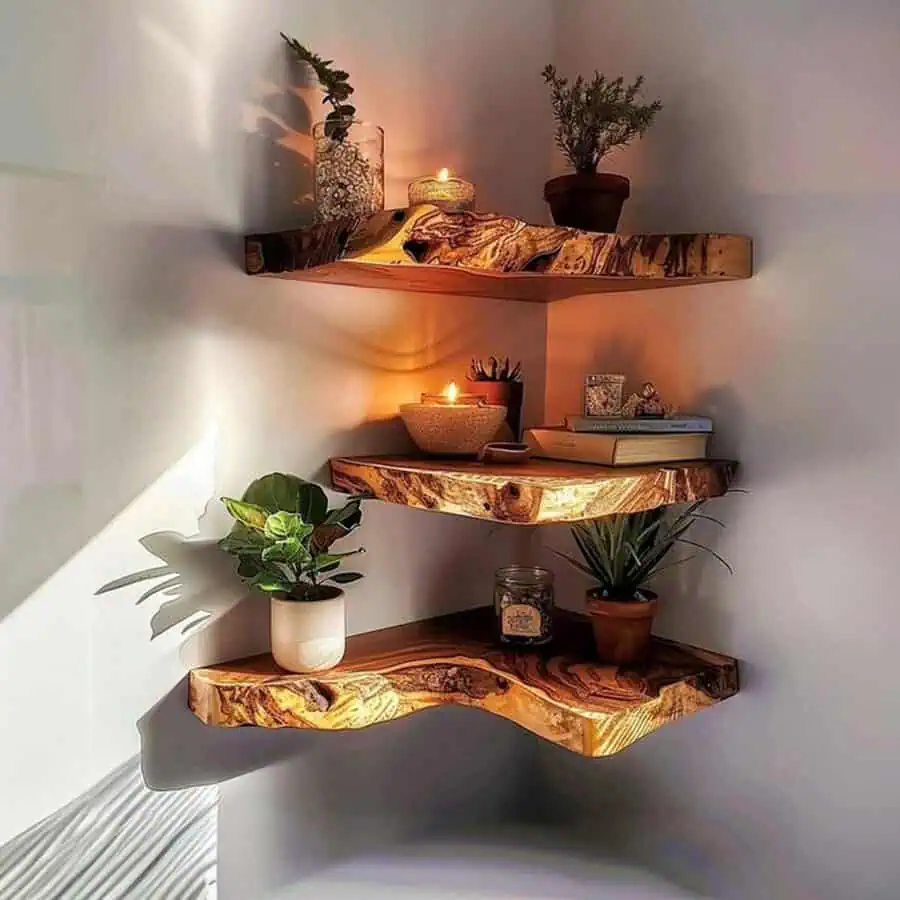 Rustic wooden corner shelves with plants, candles, books, and warm ambient lighting.