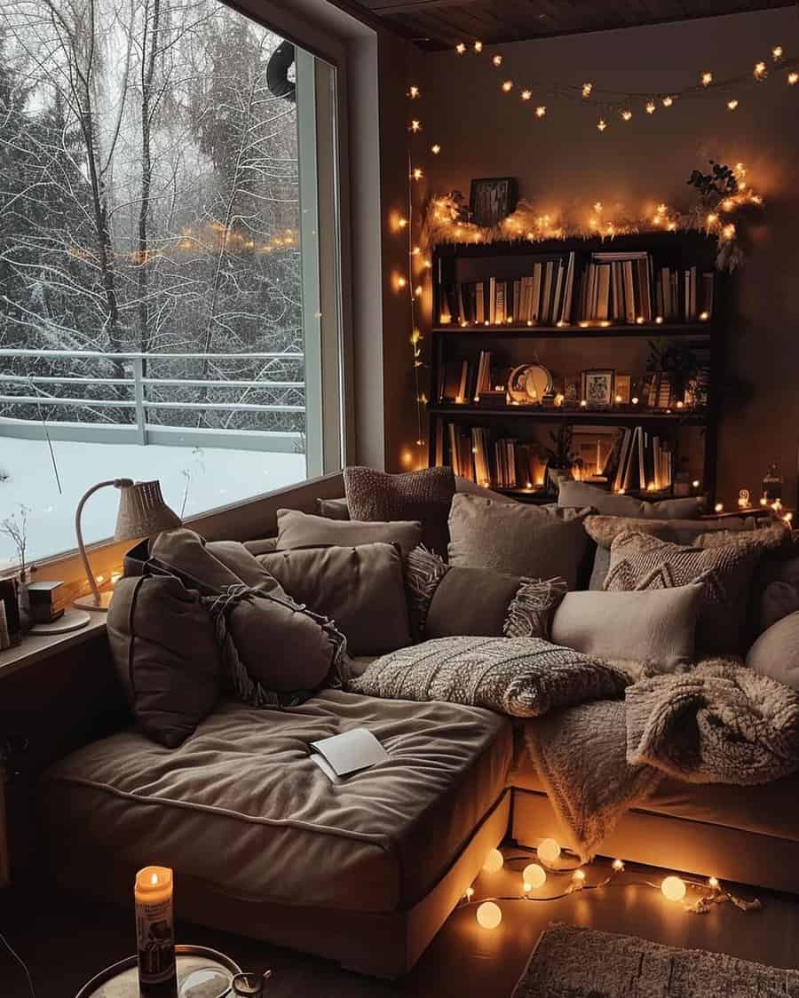 Cozy living room corner with a sectional sofa, fairy lights, bookshelves, and snowy outdoor view.