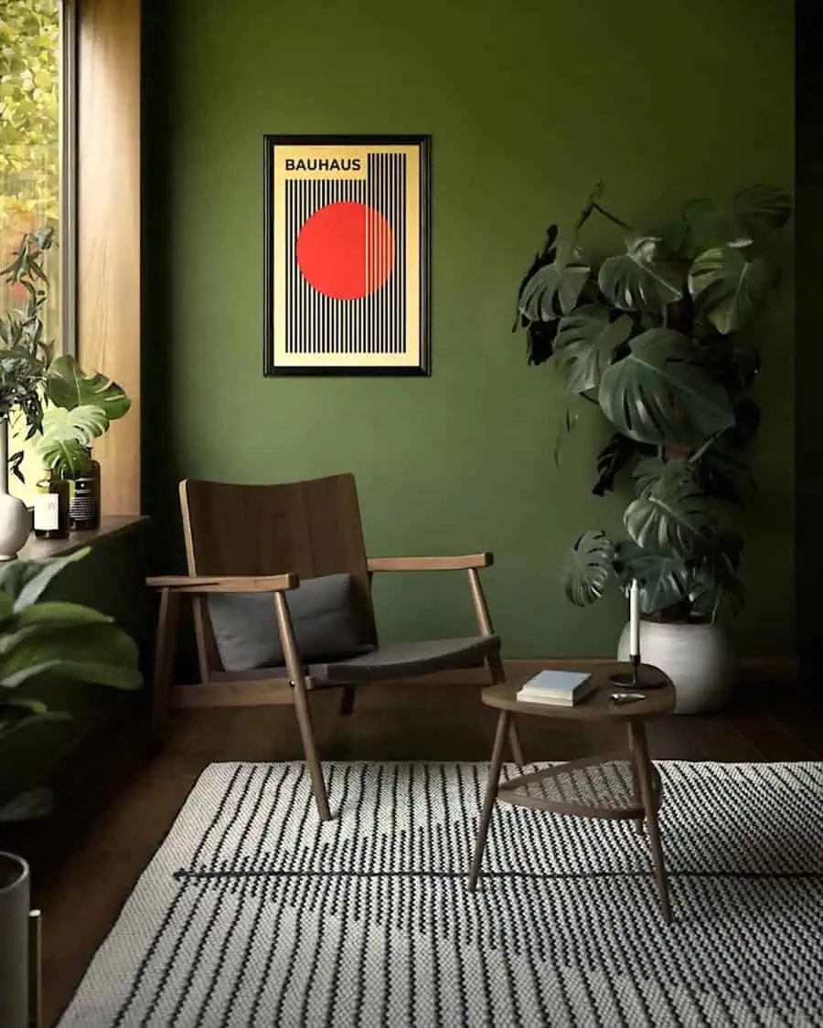 Mid-century modern living room corner with a green wall, wooden chair, and large potted monstera plant.