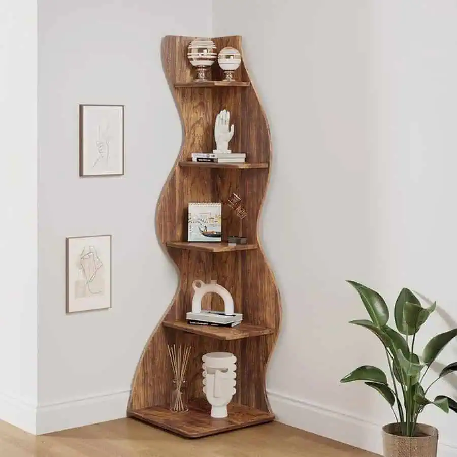 Modern wooden corner shelf with wavy design, decorative items, and minimalist artwork.