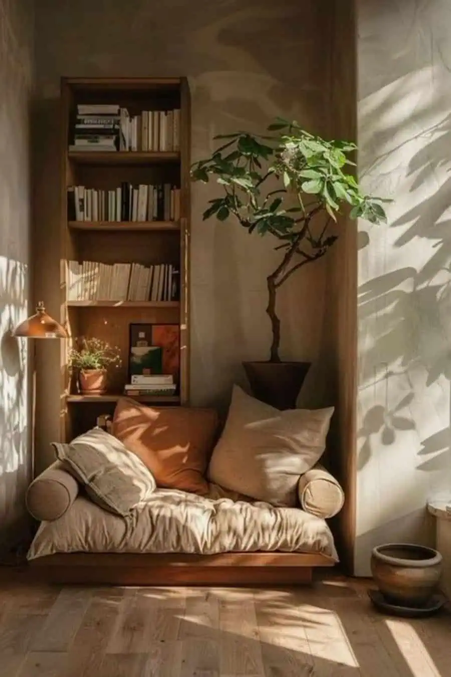 Cozy living room corner with a daybed, bookshelf, potted plant, and warm natural lighting.