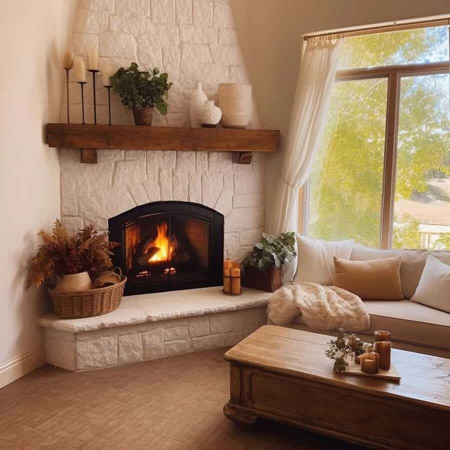 Rustic living room corner with a stone fireplace, wooden mantle, cozy seating, and warm decor.
