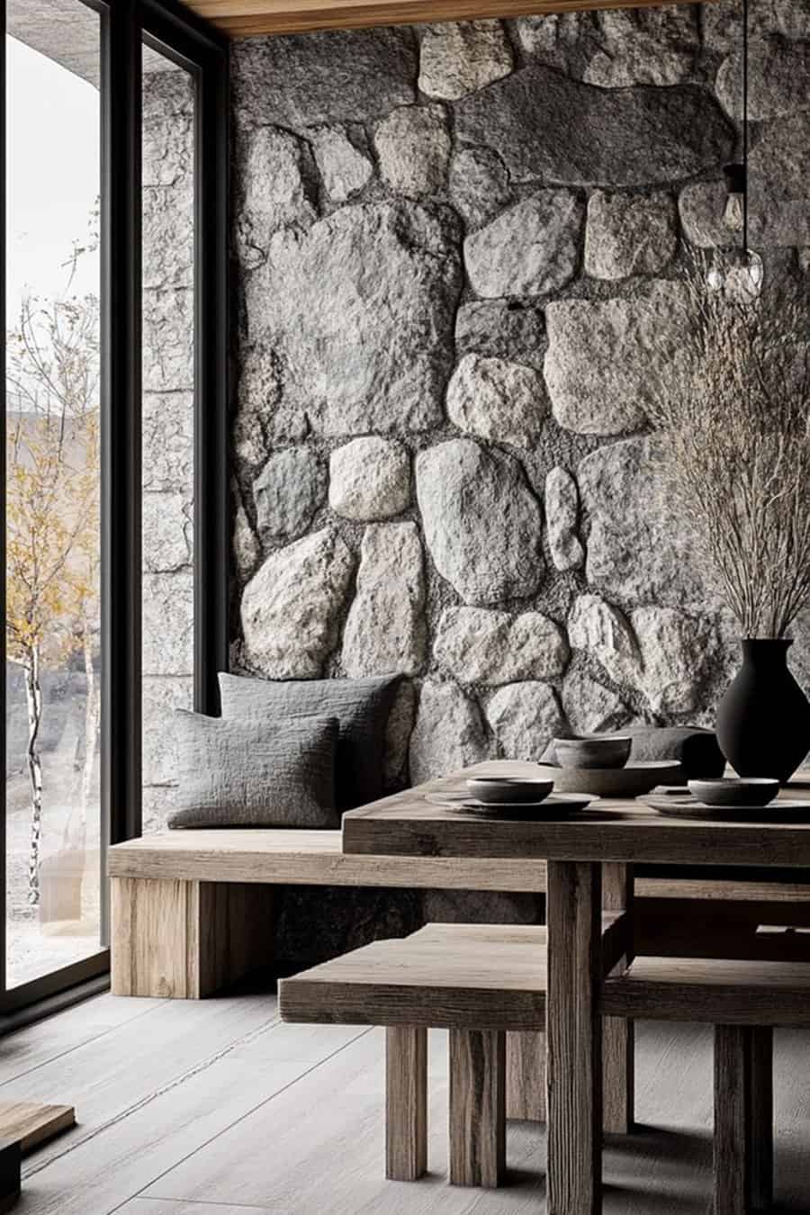 Rustic Scandinavian dining space with stone wall, wooden furniture, and cozy decor.