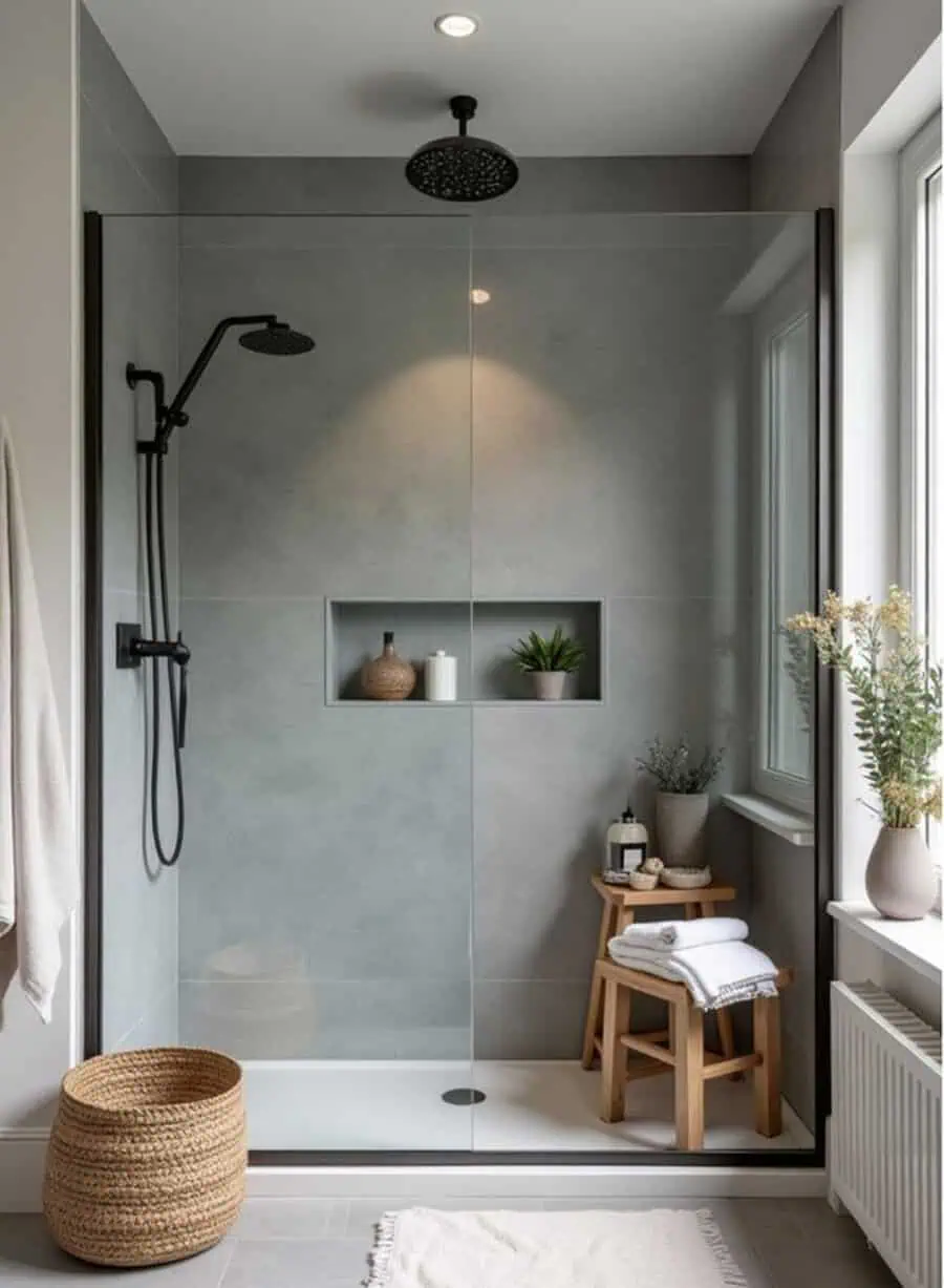 Scandinavian bathroom with glass shower, minimalist decor, and natural wooden accents.